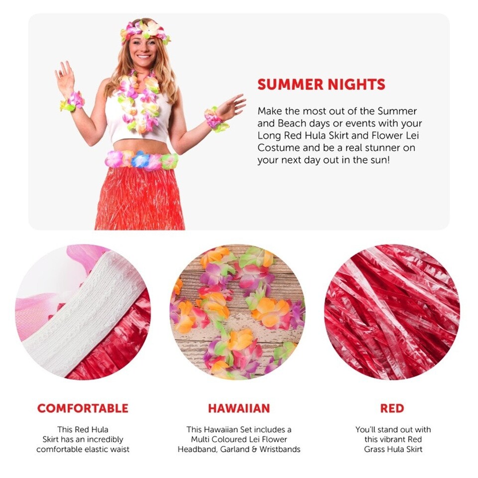 image 1 of Pack of 3 80cm Hawaiian Long Red Hula Skirt & Lei Red | One Size