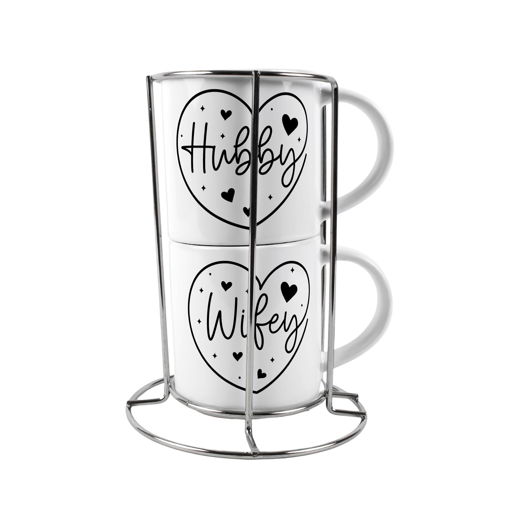 Hubby & Wifey Stacking Mugs Set - Novelty Gifts for Couples Ceramic Cups Set of 2 with Metal Stand White