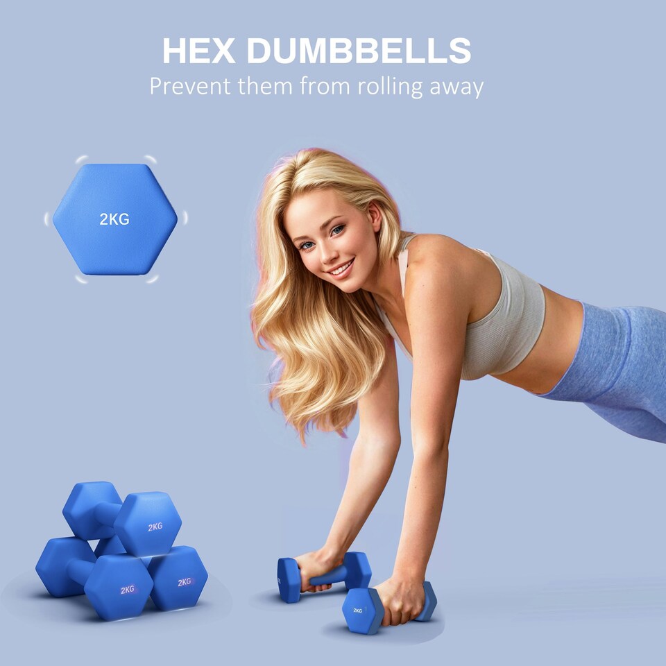 image 1 of SPORTNOW Set of 2 Hexagonal Dumbbells Weights Pair, 2 x 2kg, Blue