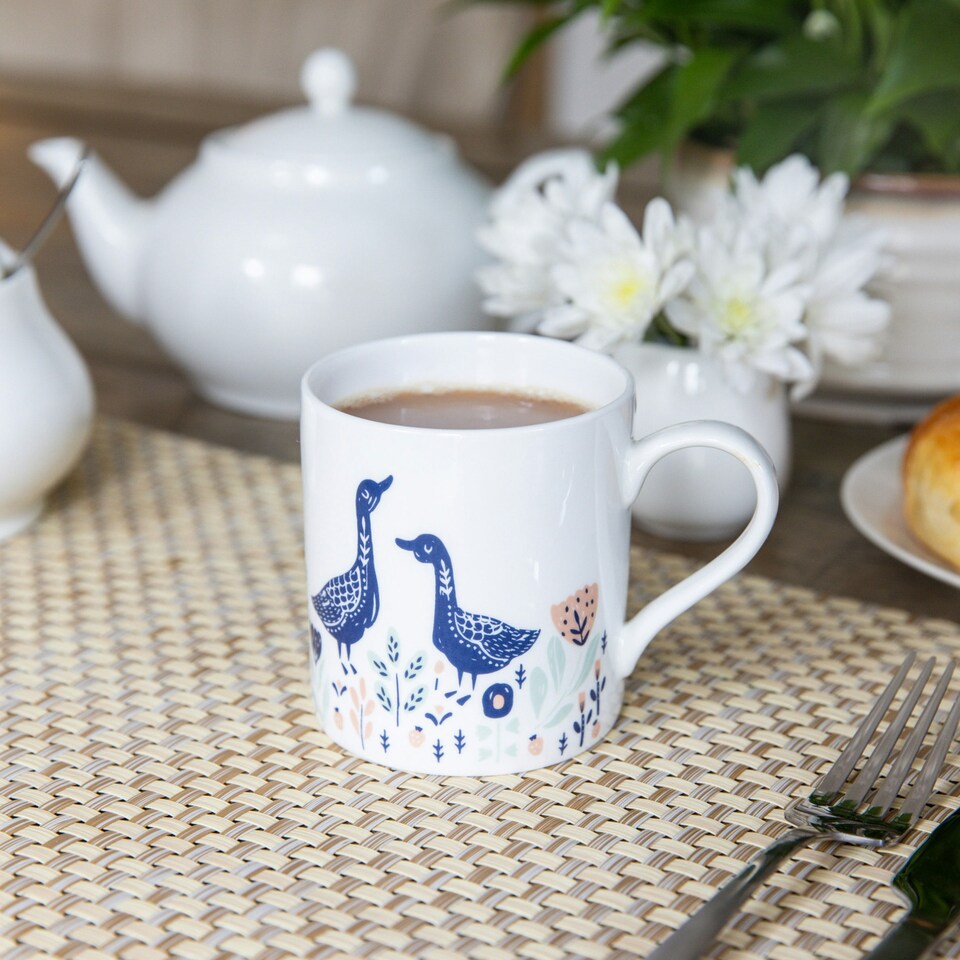 image 1 of KitchenCraft Fine Bone China Woodcut Goose 250ml Can Mug | Multi