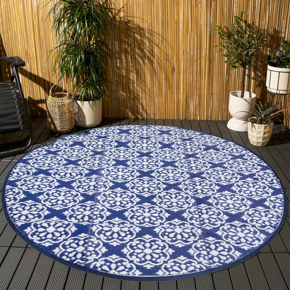 image 1 of OHS Blue Tiles Large Outdoor Garden Patio Waterproof Floor Mat Rug Blue | Blue and White | 170cm Diameter