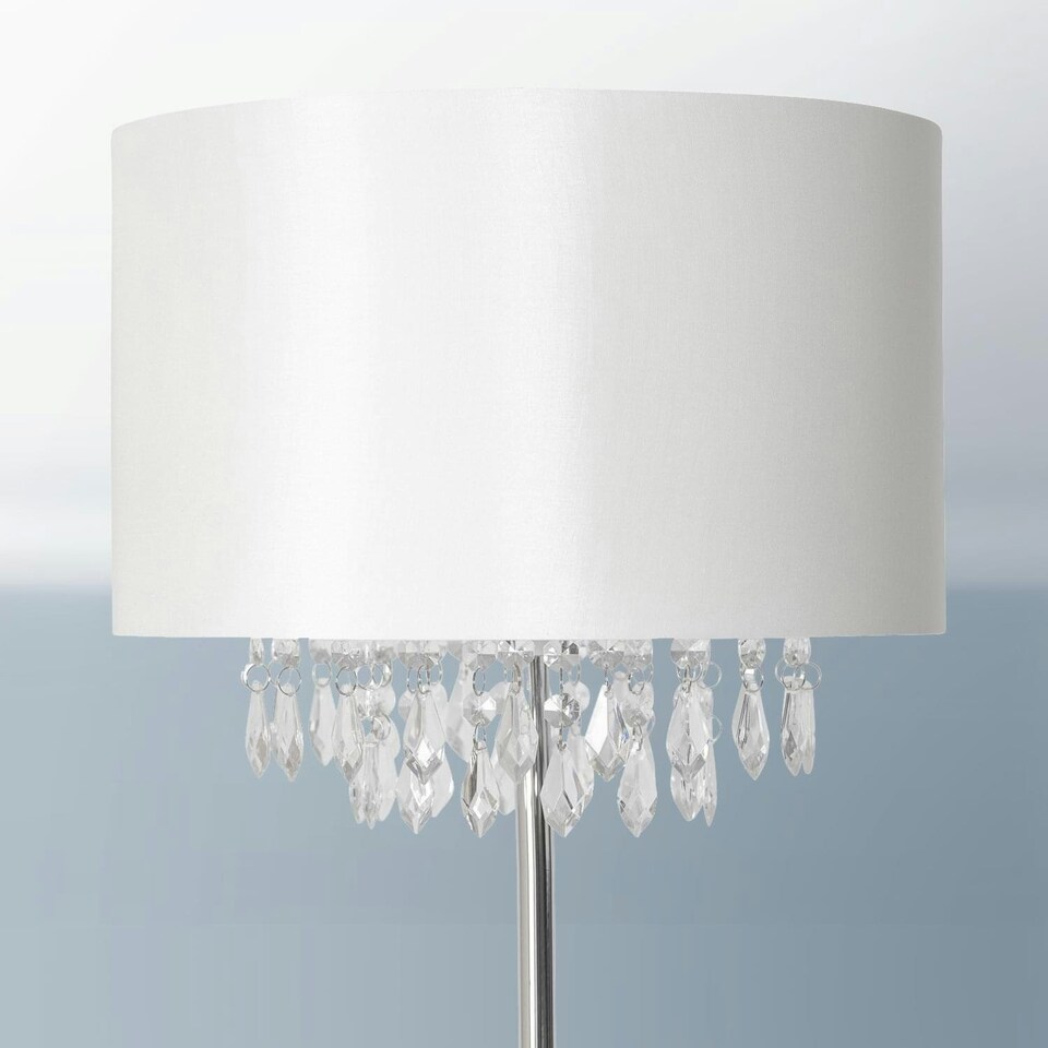 image 1 of First Choice Lighting Pair of Cream Faux Silk Jewelled Floor Lamps Chrome | White