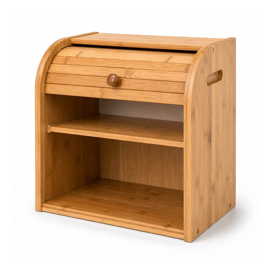 image 1 of Double Layer Roll Top Bamboo Wooden Bread Bin Kitchen Storage | Brown