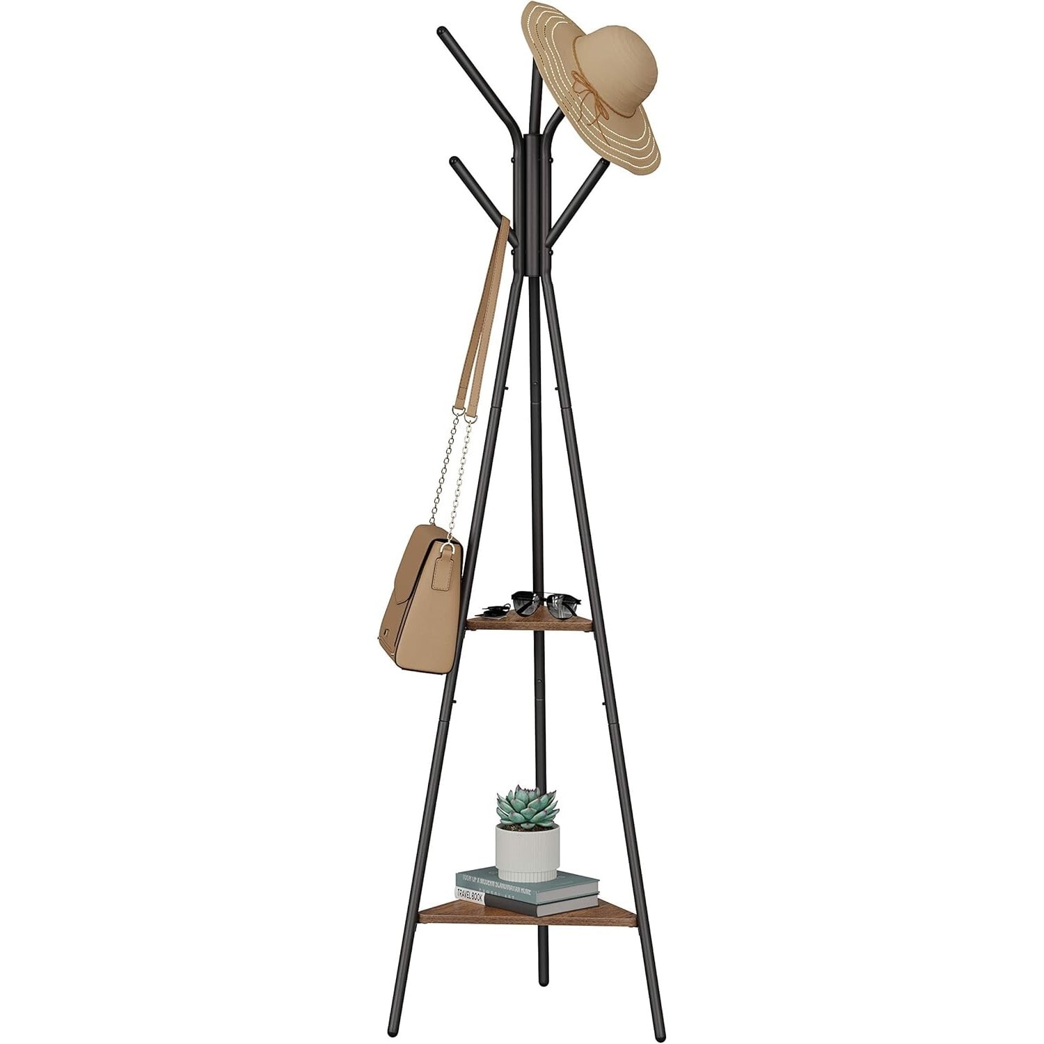 Industrial Hall Tree Coat Rack with 2 Storage Shelves, Freestanding Entryway Stand, Hazelnut Brown and Black