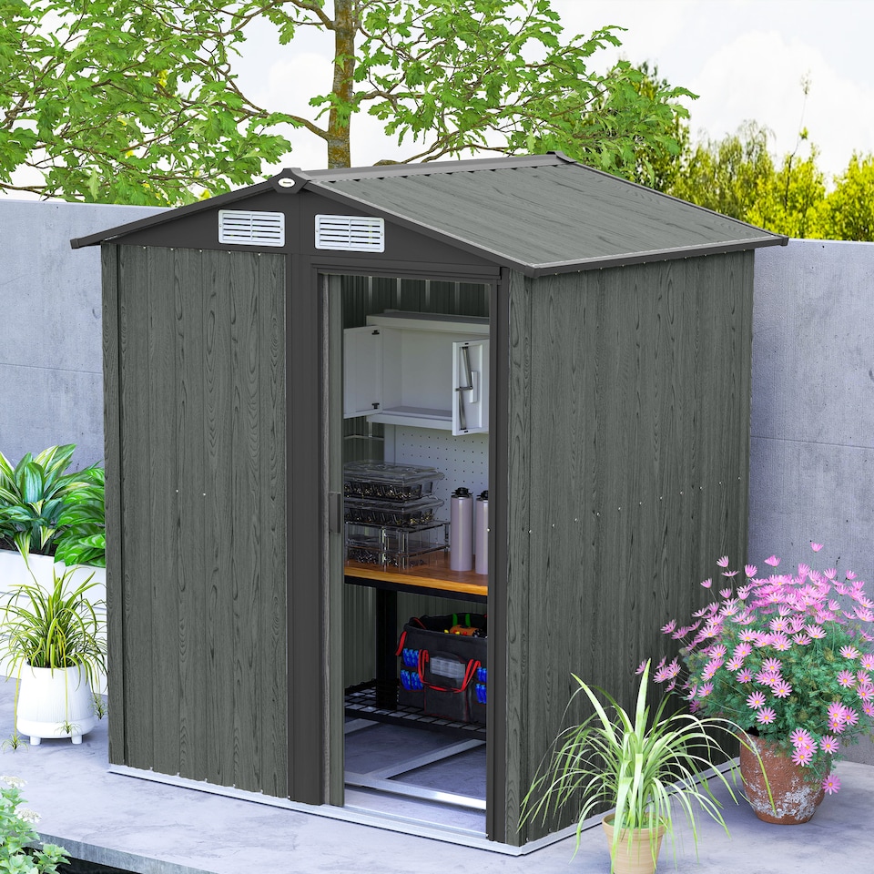 image 1 of Outsunny 5ft x 4ft Garden Shed, Metal Tool Storage Shed with Sliding Door, Sloped Roof and Foundation Kit for Garden, Patio, Grey Wood Effect | Grey | 1