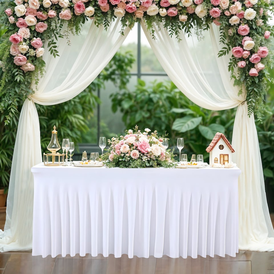 image 1 of Table Cloth Skirt, Pleated Round Spandex Tablecloth Cover - 6ft x 2.5ft