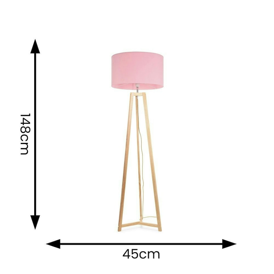 image 1 of ValueLights Lottie Natural Wood Tripod Floor Lamp with Blush Pink Fabric Drum Shade