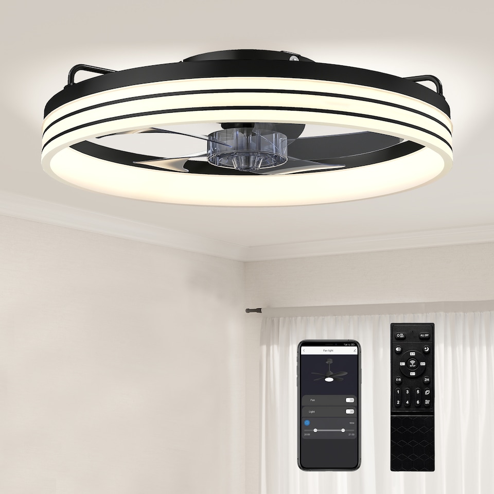 image 1 of HOMCOM Ceiling Fan with Light and & App Control, 6 Speed, 50 cm | Black | Black, Transparent, Smoky Grey | 50 x 50 x 13.8 cm