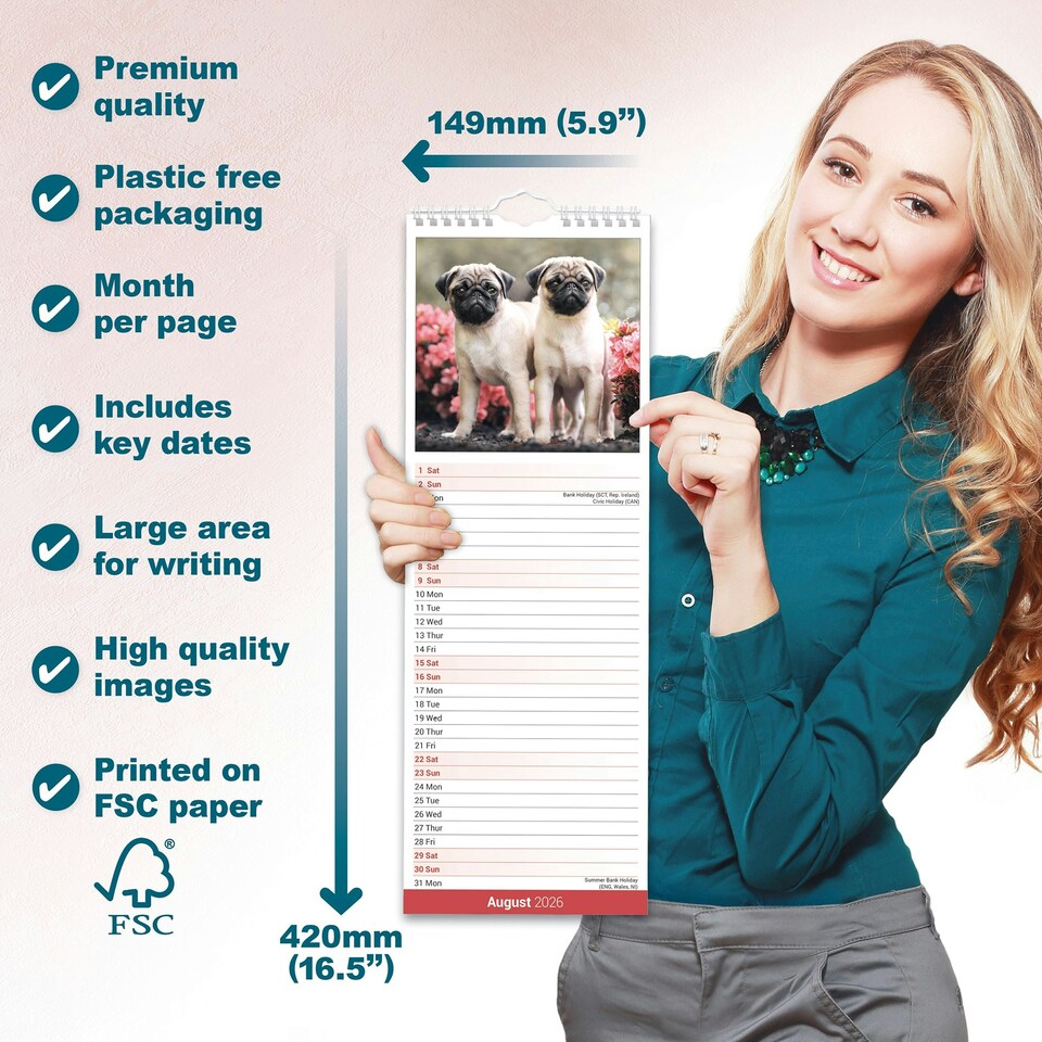 image 1 of Pug Slim 2026 Calendar | Slimline Wall Calendar | Dog Breed Gift | Plastic Free Packaging | by Avonside Publishing [Calendar] Avonside Publishing Ltd