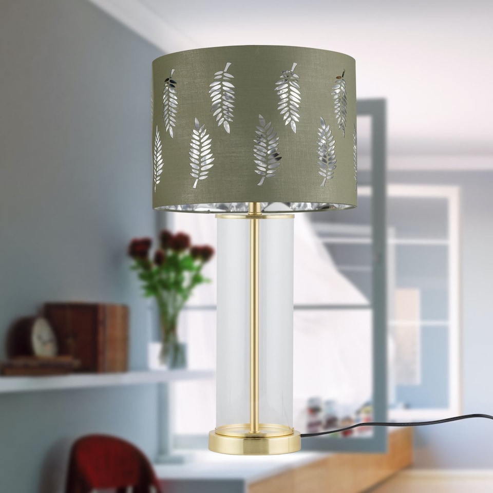 image 1 of Aura - Satin Brass Table Lamp with Sage Green Fern Silver Shade | Gold | Green | Large | 1