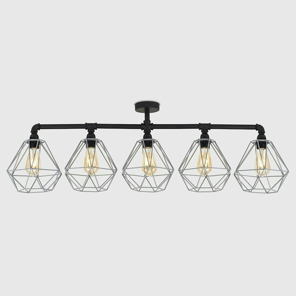 image 1 of ValueLights Luiggi Matte Black Semi-Flush Light with Grey Tapered Shade and E27 Pear LED 4W Warm White 2700K Bulb