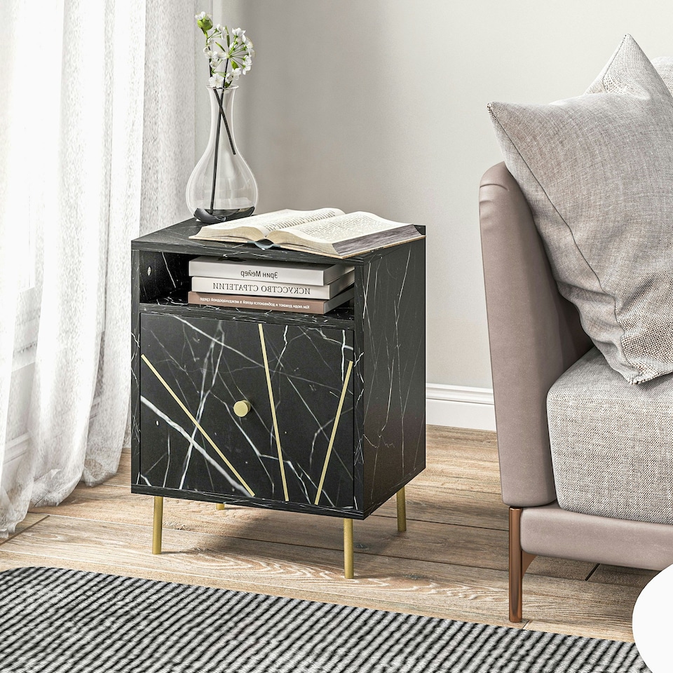 image 1 of HOMCOM Modern Bedside Table with Drawer and Open Shelf Black Marble Effect