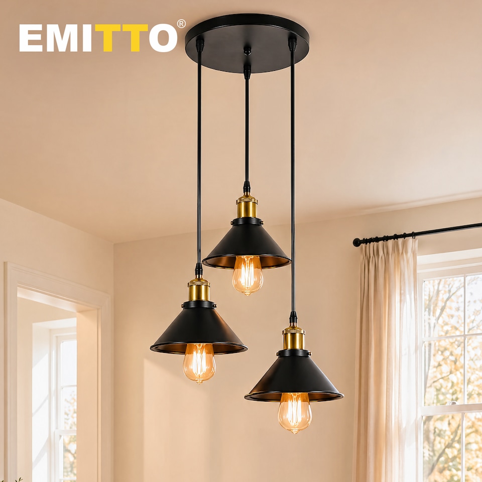image 1 of Emitto Pendant Light 3 Lights Height Adjustable Vintage Ceiling Light Black