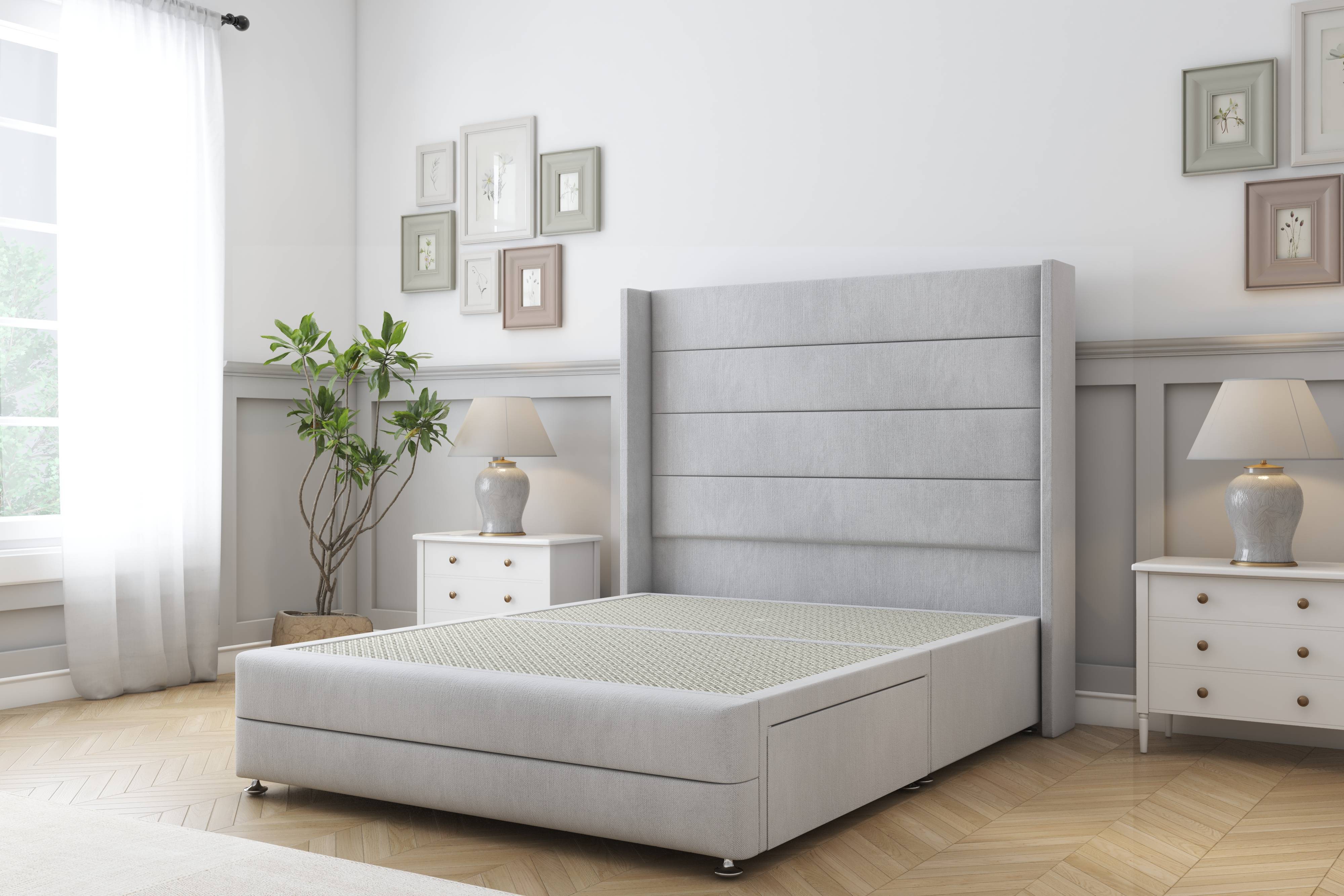Sloomy Sterling Silver Naples Divan Bed Base 2 Drawers Foot-End With 54 Inch Wingback Headboard & 12 Inch Matching Footboard Silver Silver Double 1
