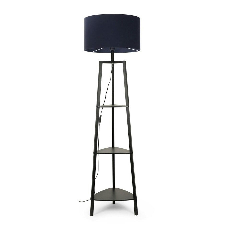 image 1 of ValueLights Hiru Black 3 Tier Shelf Floor Lamp with Navy Shade Blue