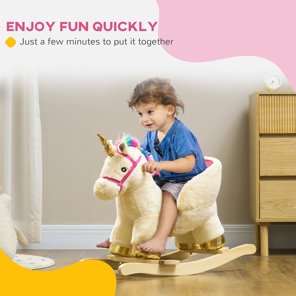 image 1 of AIYAPLAY Rocking Horse, Unicorn Rocking Horse with Realistic Sounds, Safety Belt, Wooden Base, Plush Ride on Unicorn, for Ages 18-36 Months, Cream White