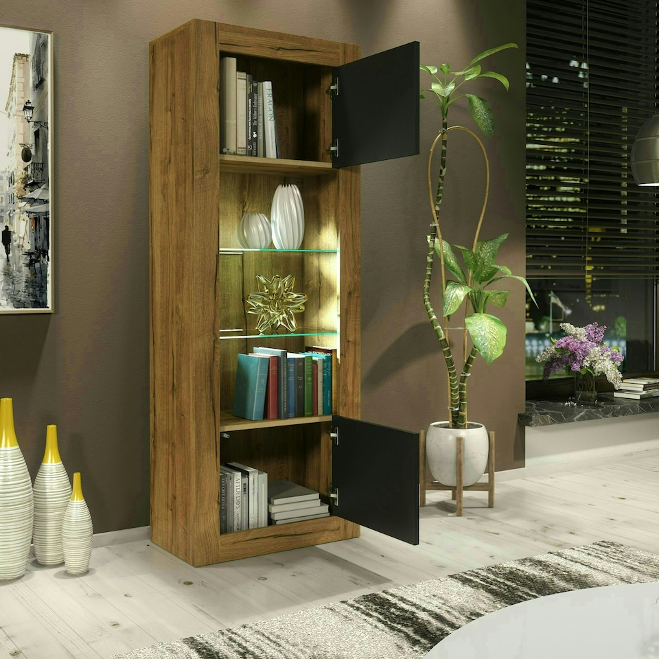 image 1 of Tall Cabinet 170cm Black Matt Doors Oak Matt Body Free LED Light Multi | Oak & Black