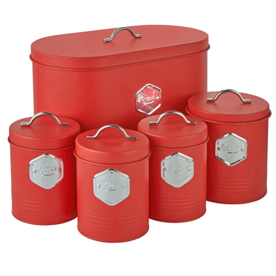 image 1 of Cooks Professional 5 Piece Kitchen Storage Set - Tea, Coffee, Sugar, Bread & Biscuit Tins | Red | Red & Silver