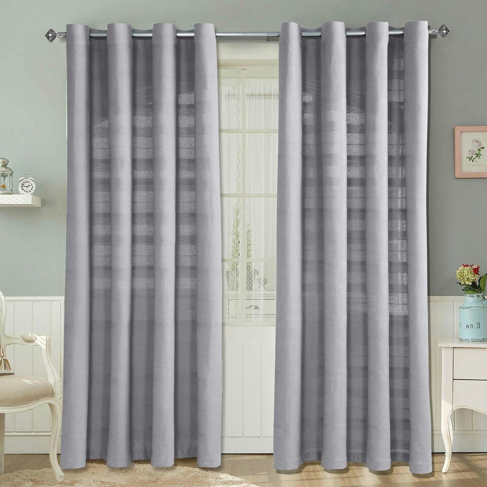 image 1 of Homescapes Cotton Rajput Ribbed Silver Grey Curtain Pair - 66 x 90" Grey