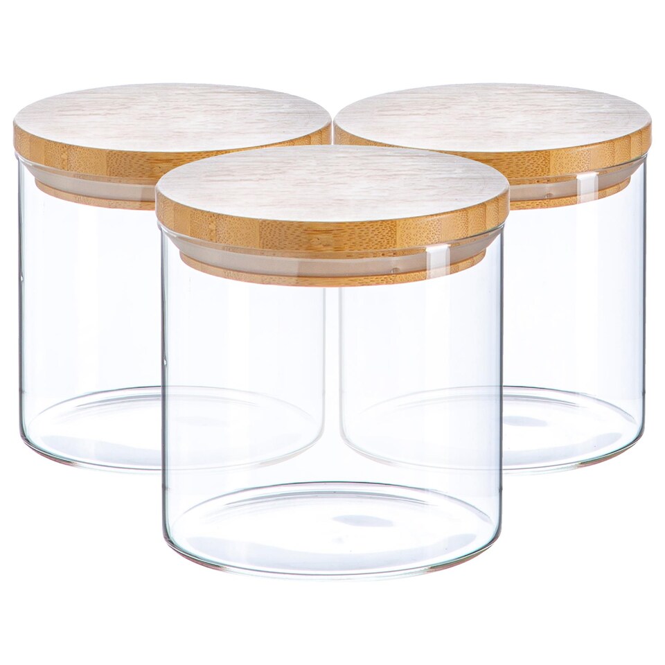 image 1 of Argon Tableware Glass Storage Jars - Wooden Lid - 550ml - Modern Round Scandi Organisation Container Glass Jar - Set of 3
