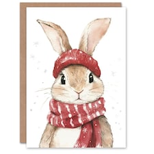 Cute Bunny Rabbit Red Winter Hat Scarf For Child Kids Xmas Festive Christmas Card