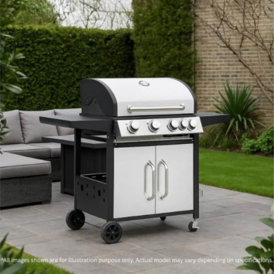 image 1 of 4 + 1 Burner Gas BBQ with Built-in Side Burner, Thermometer & Folding Shelves