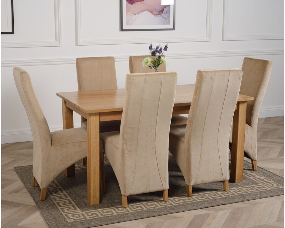image 1 of Oslo 150 x 90 cm Medium Oak Dining Table and 6 Lola Fabric Chairs | Brown | Beige