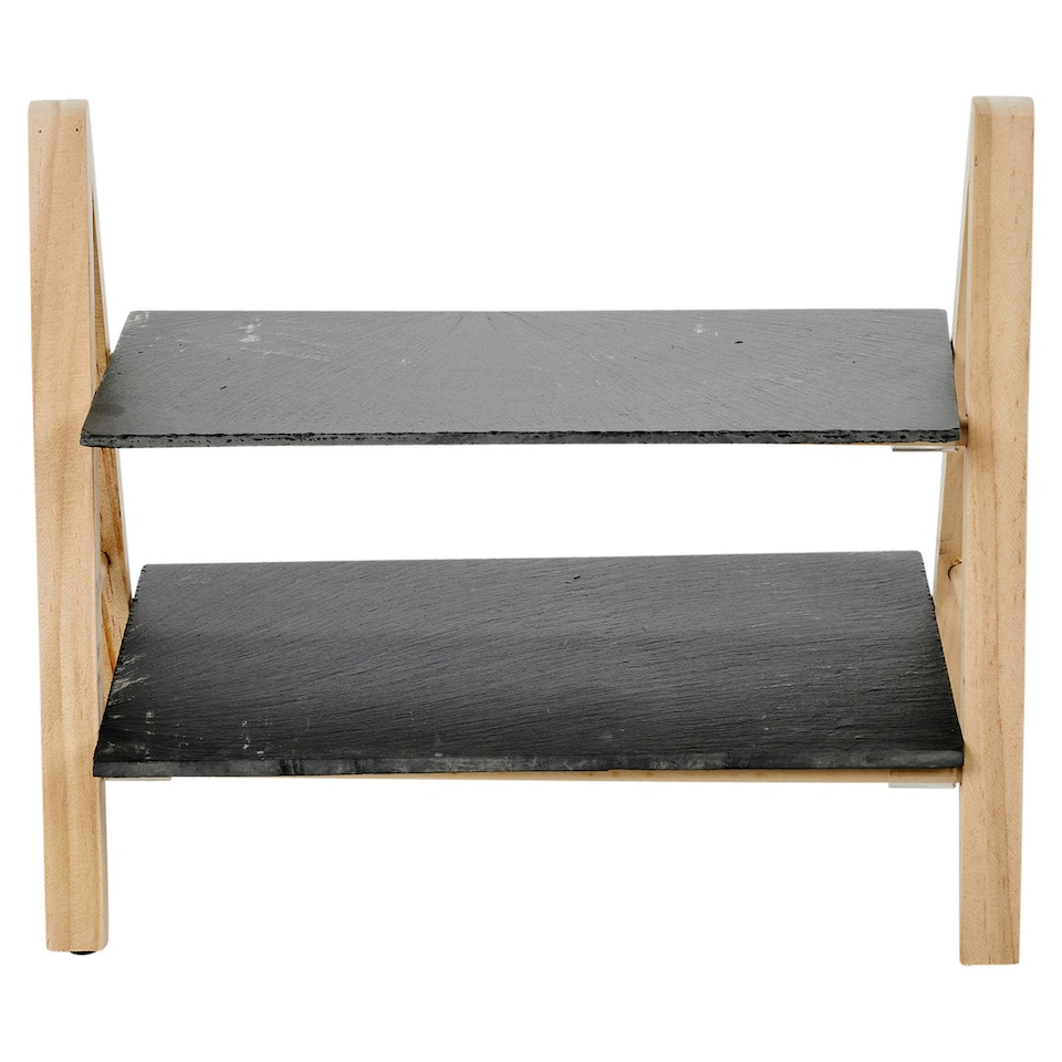 image 1 of 2-Tier Slate and Wood Snack Display Stand