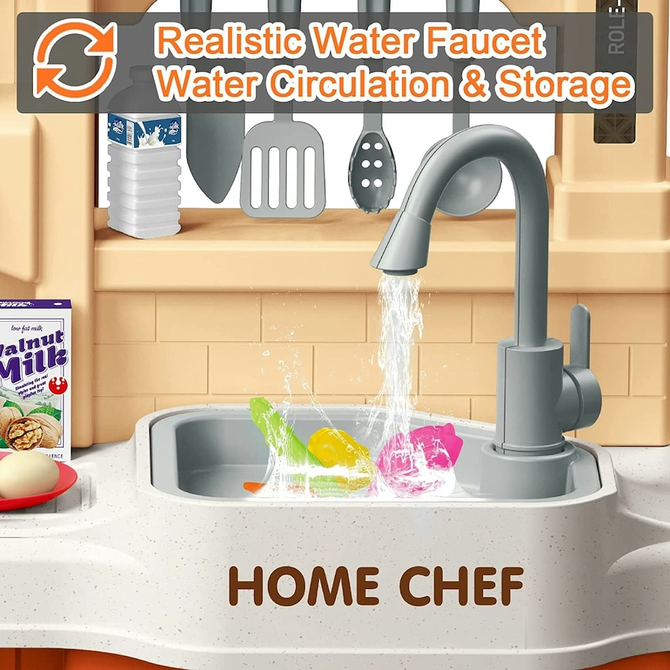 image 1 of Kids Kitchen Playset with Sound Lights Steam Boil Effects Pretend Play Kitchen Set with Accessories