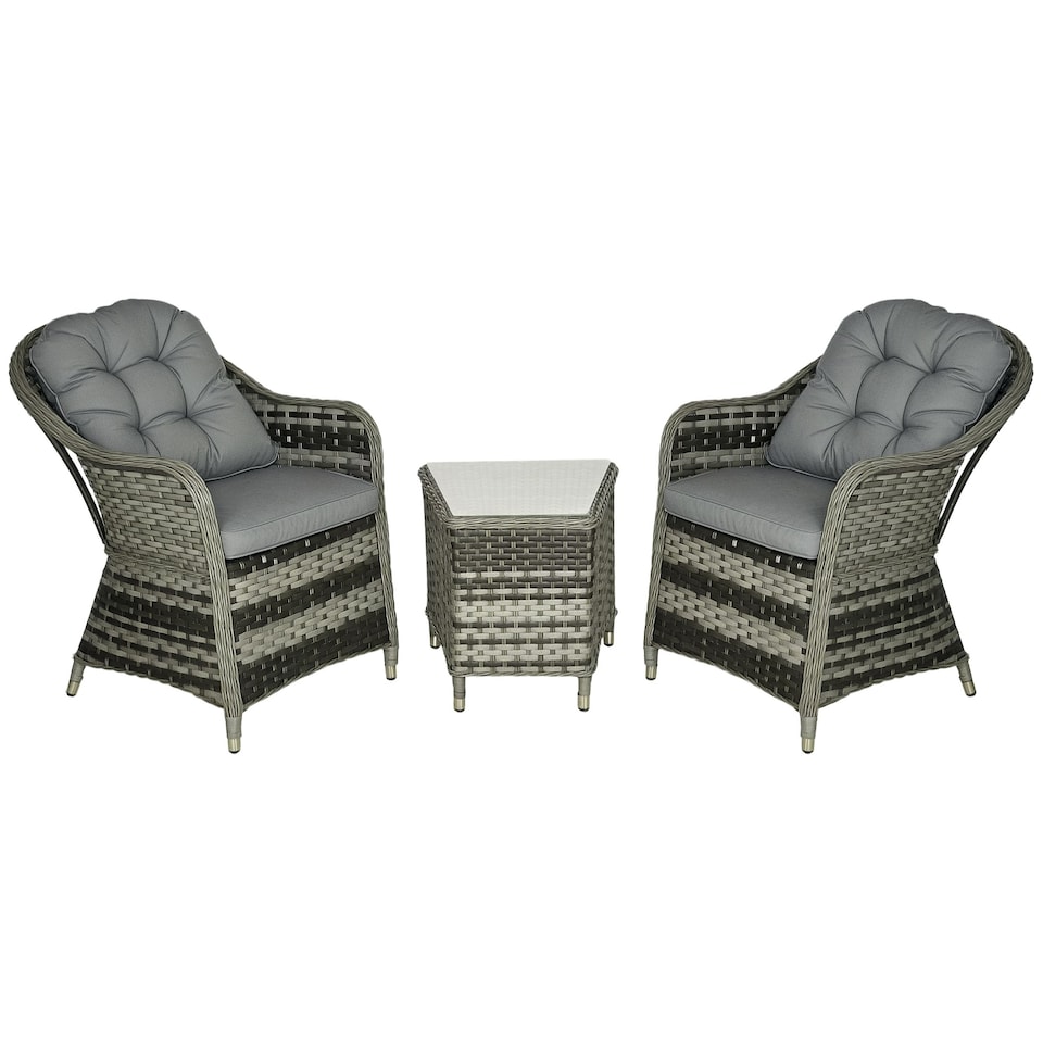 image 1 of Outsunny 3 PCS Aluminium Rattan Bistro Set with Soft Cushions & Glass Top
