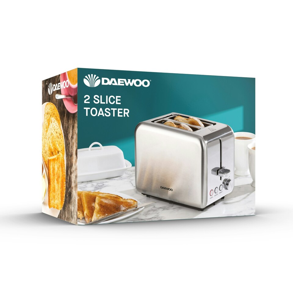 image 1 of Daewoo Small Electric 2 Slice Toaster Wide Slot Brushed Stainless Steel Silver Silver | 2-slice