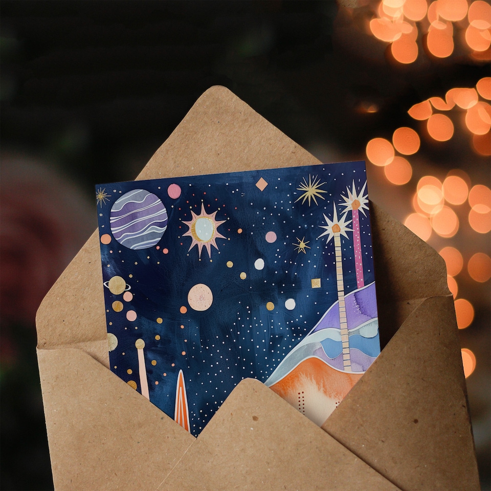 image 1 of Greeting Card Mid Century Modern Abstract Boho Space Landscape