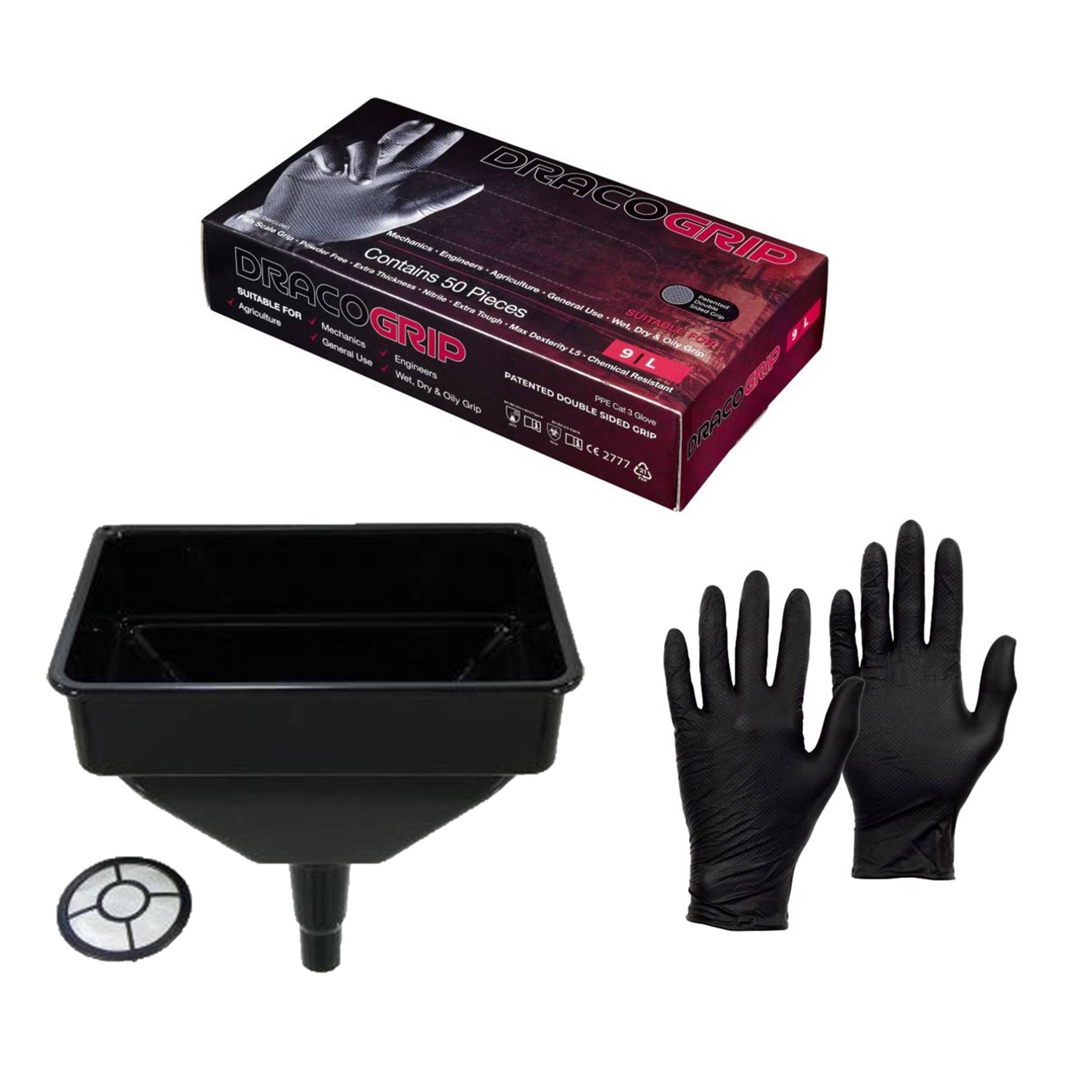 Pegdev Jerry Can Accessory Bundle Premium Nitrile Gloves & Heavy Duty Funnel for Transfers in Black
