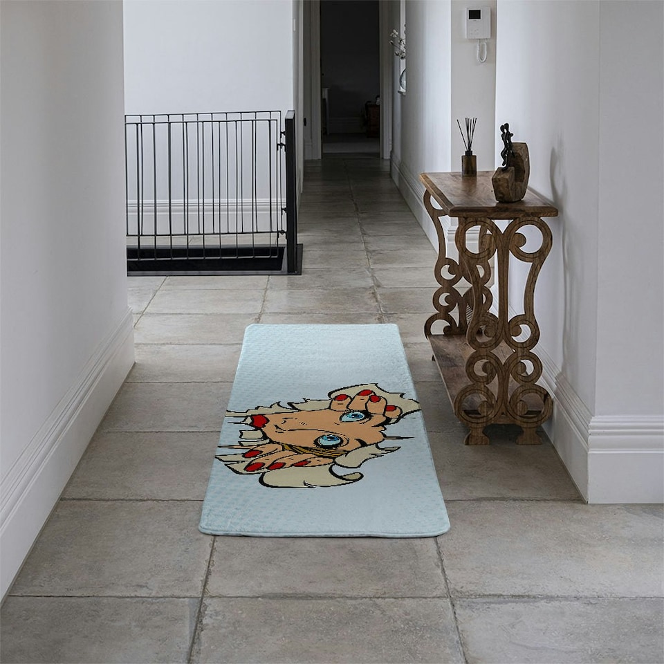 image 1 of woman looking through torn paper background. Comic cartoon pop art retro Designer (Runner Rug)