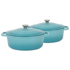 Argon Tableware Oval Cast Iron Casserole Dishes - 4.68L - Teal Ombre - Pack of 2 | Blue | Teal Ombre | 2