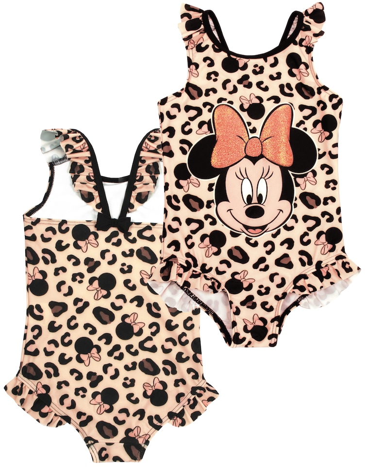 image 1 of Disney Minnie Mouse Girl's Swimsuit & One Size Hooded Towel Poncho Set | Kids Swimming Costume | Children's Bath Towel with 3D Ears Gift Pink