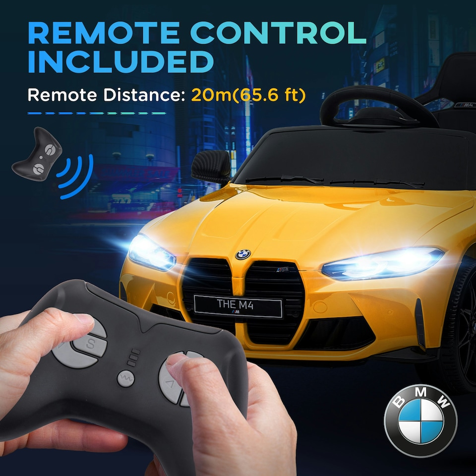 image 1 of AIYAPLAY 12V BMW M4 Licensed Kids Electric Car w/ Remote, Suspension, Yellow