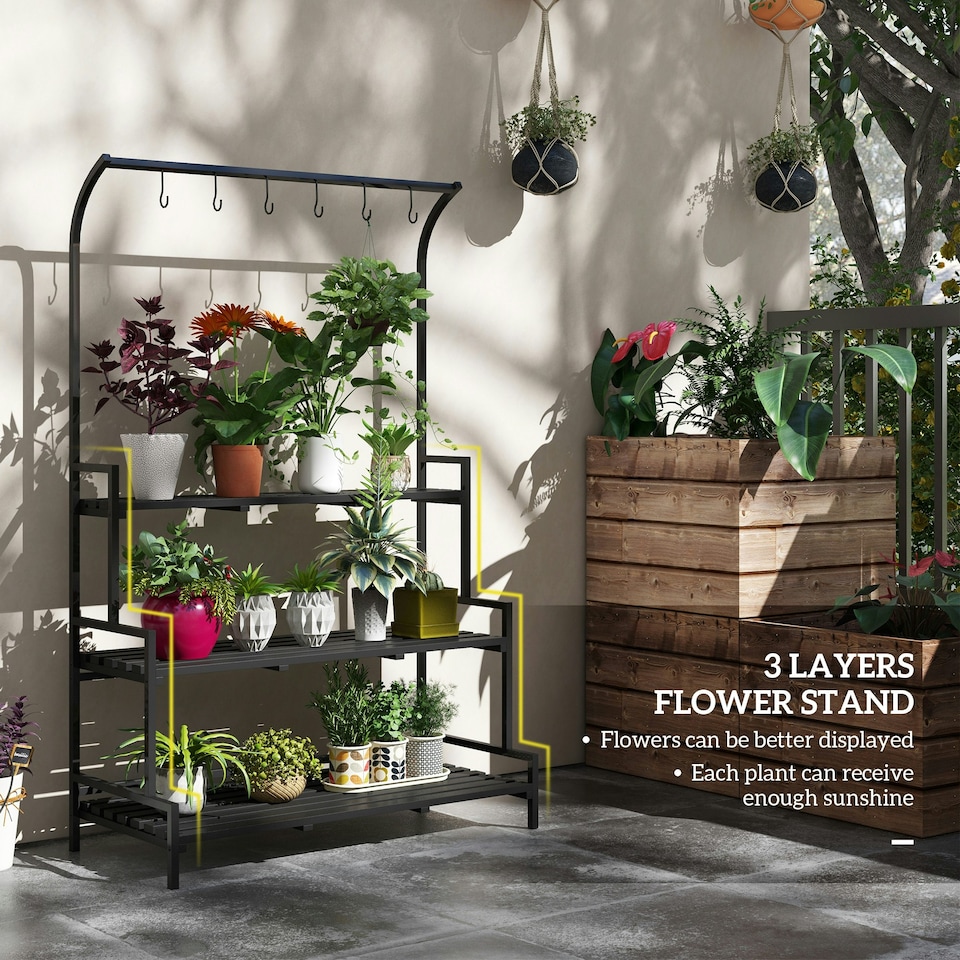 image 1 of Outsunny 3 Tiered Plant Rack Stand with Hanging Hooks for Indoor Outdoor Use