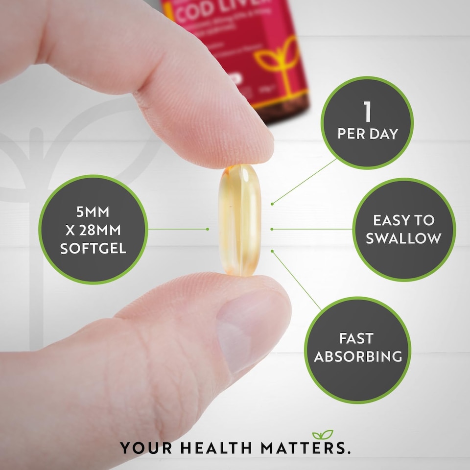 image 1 of Nutravita Cod Liver Oil 1000mg - Omega 3, Vitamins A, D, E & Garlic Oil - Supports Heart & Brain Health - 365 Fish Oil Softgels - Made in The UK