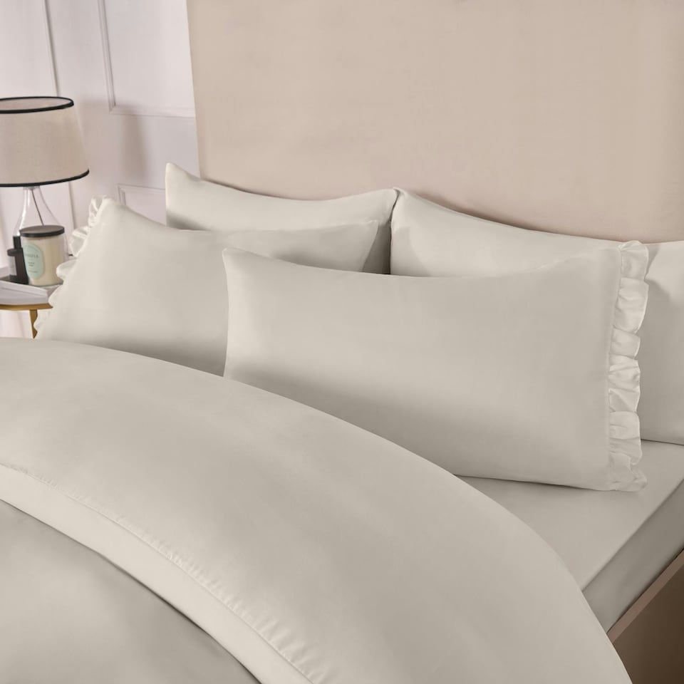 image 1 of OHS Ruffled Frill Edge Duvet Cover and Pillowcase Bedding Set, Super King - Natural Yellow | Natural | Super King