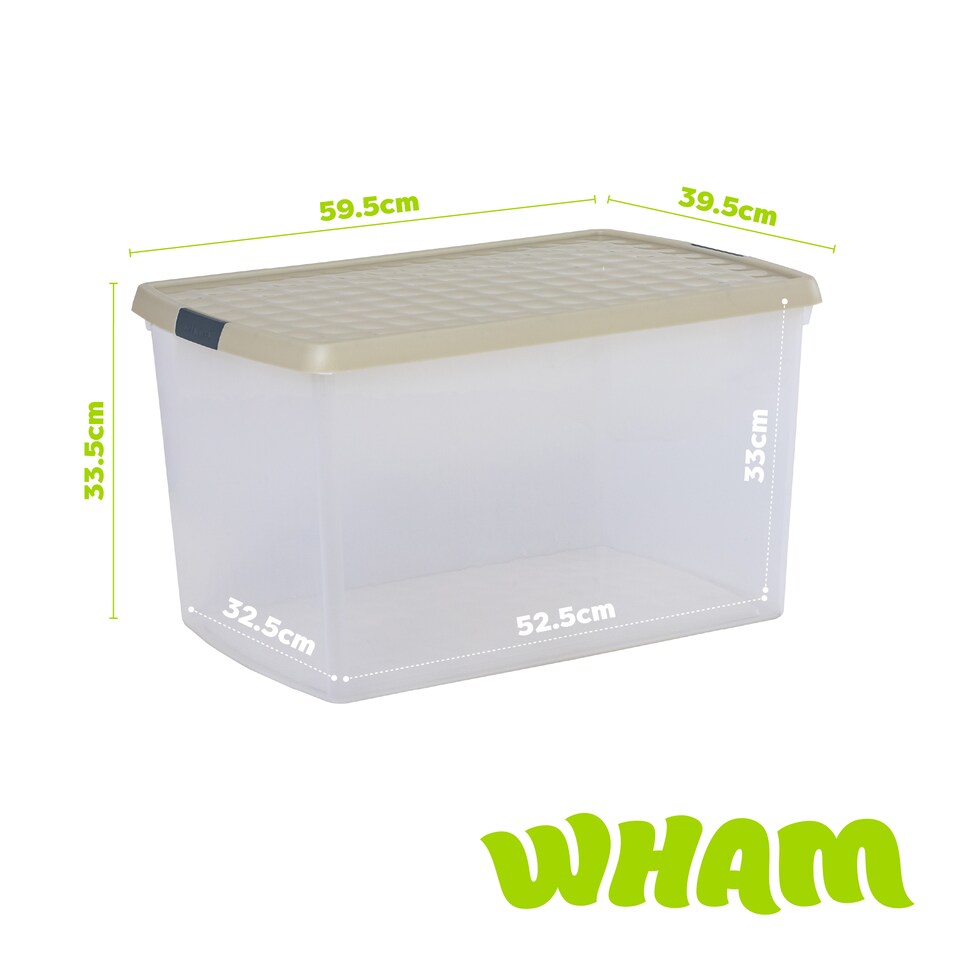 image 1 of Wham Clip 5x 62L Rectangular Plastic Storage Boxes with Clip Lock Lids. Ideal for Home, Office, Toys & More - Clear/Stone | Cream | Stone | 5