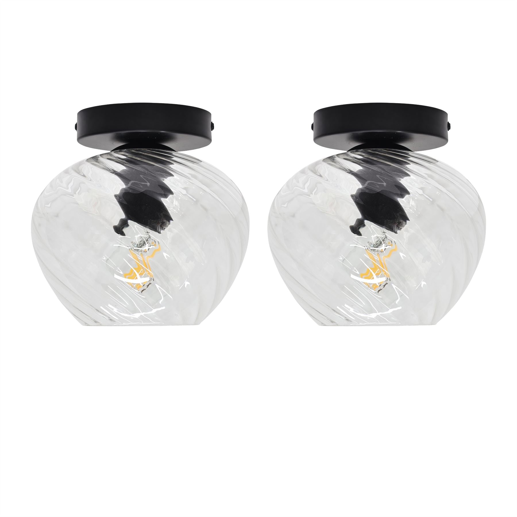 First Choice Lighting Set of 2 Bradson - Clear Swirl Glass Black Ceiling Lights