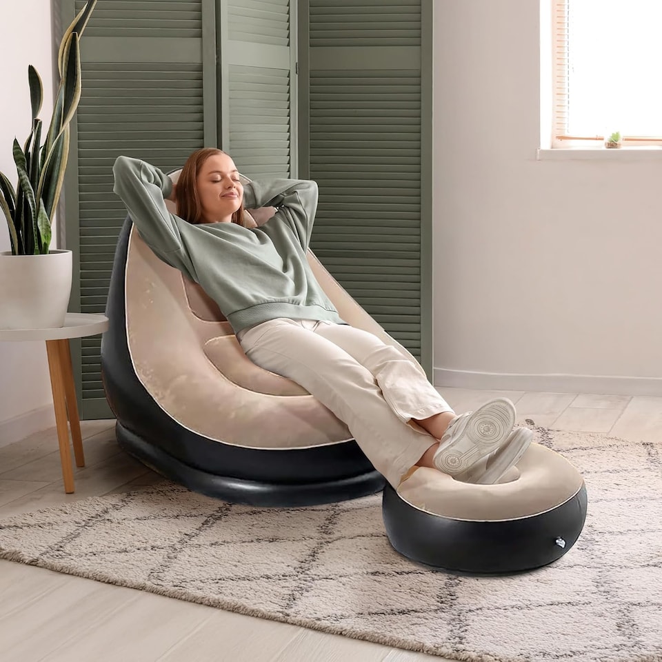 image 1 of 2pc Single Inflatable Air Sofa Chair & Footrest Blow Up Lounger Chair