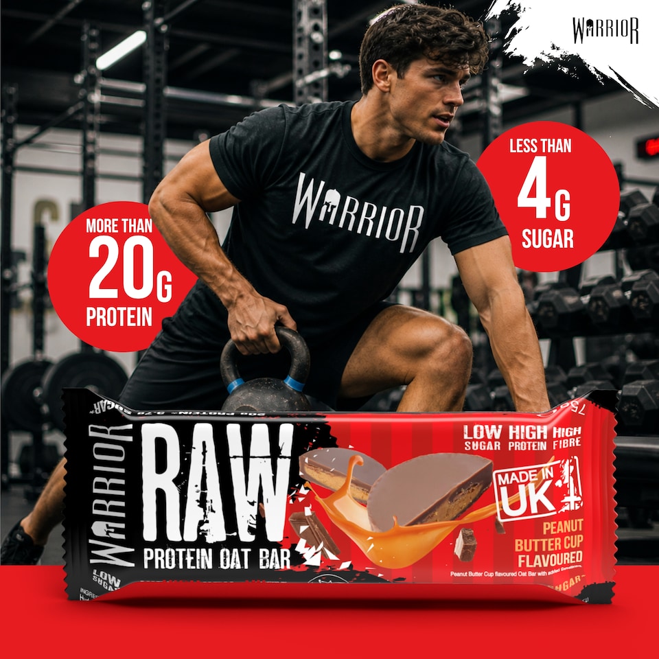 image 1 of Warrior RAW Protein Bars 12 x 75g – 20g High Protein Bar, Low Sugar High Fibre Oat Protein Flapjack – Protein Snacks, Meal Replacement Bars (Peanut Butter Cup)