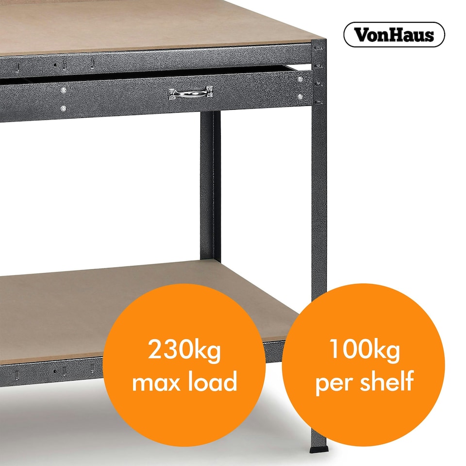 image 1 of VonHaus Garage Work Bench with Pegboard and Storage Drawer