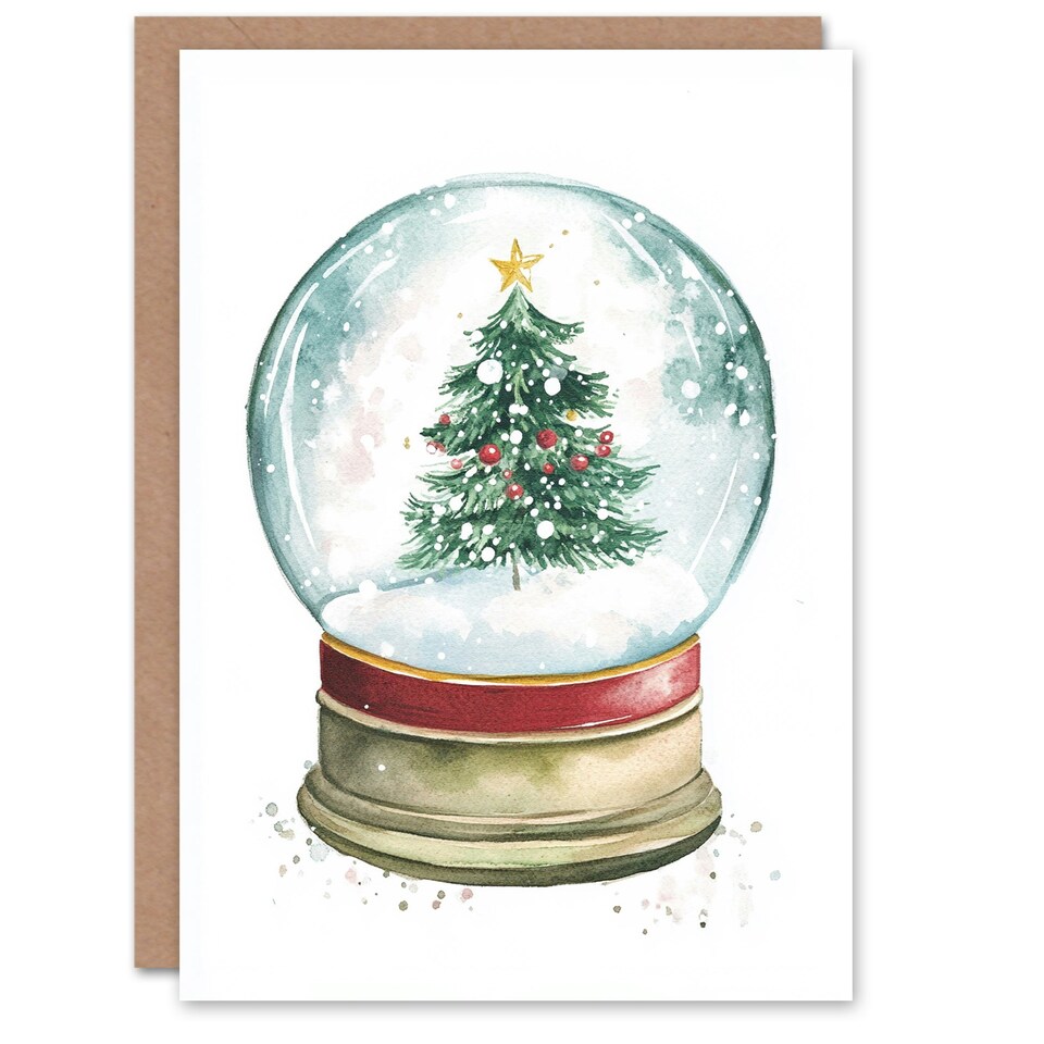 image 1 of Decorated Pine Tree Snow Globe Blank For Him Or Her Art Xmas Festive Christmas Card