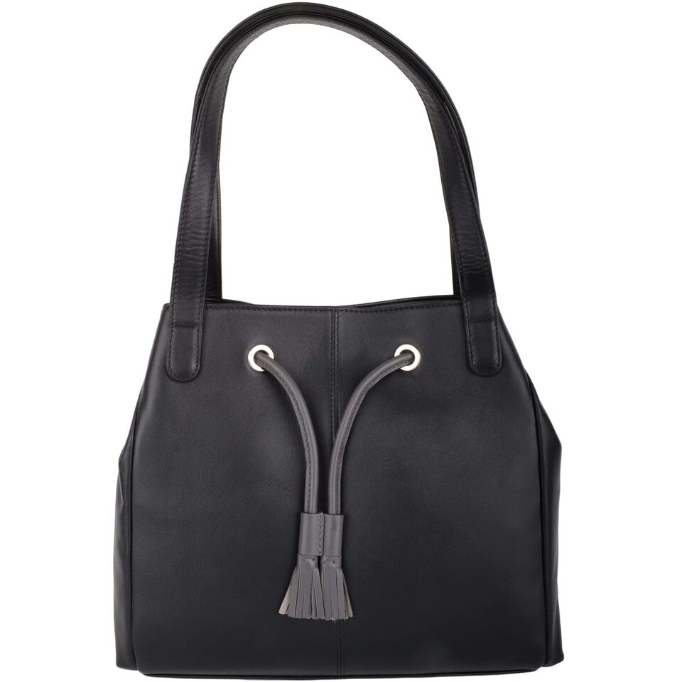 image 1 of Genuine Soft Leather Contrast Drawstring Tote Style Shoulder Handbag Brown | Taupe