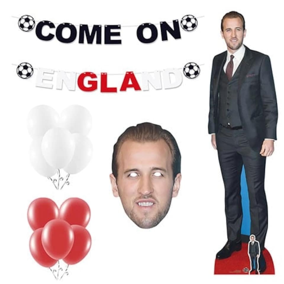 Come On England Party Decoration Kit with Harry Kane Cardboard Cutout and Face Mask