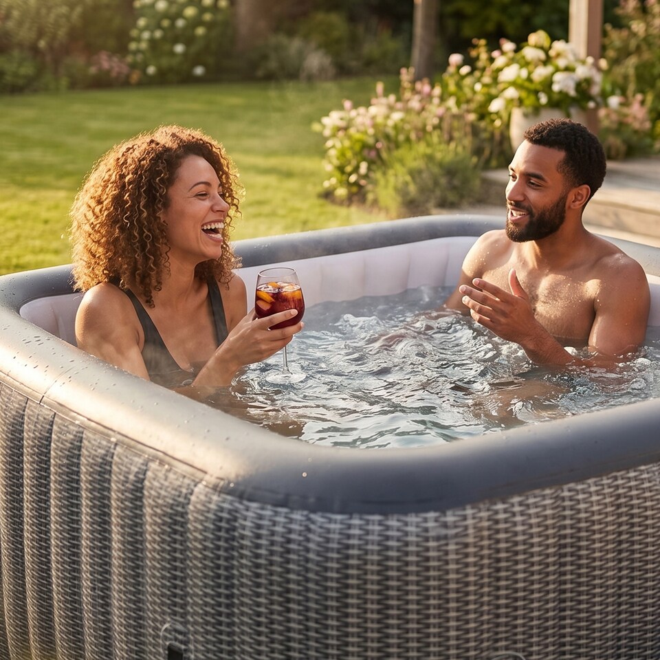 image 1 of Wave Pacific 6 Person Inflatable Hot Tub, EnergySave Bundle, Grey Rattan