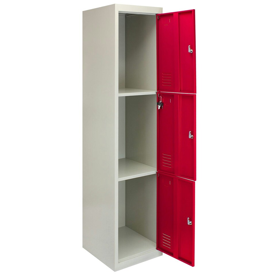 image 1 of Metal Storage Lockers - Three Doors, Flatpacked, Red Red